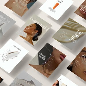 Könnte beinhalten: Eine Ansammlung von Informationskarten zu Hautpflegeprodukten, mit Texten wie "Mandelic Acid", "Custom Facial" und "Peptides". Die Karten zeigen Produktbilder und Diagramme, mit Schwerpunkt auf Hautpflege-Essentials und sanften Peelings.