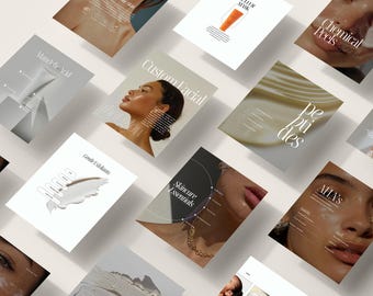May include: An assortment of skincare product information cards, featuring text like "Mandelic Acid," "Custom Facial," and "Peptides." The cards showcase product images and diagrams, with a focus on skincare essentials and gentle exfoliants.