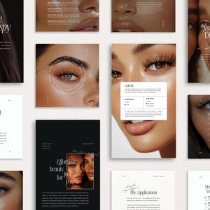 Könnte beinhalten: Eine Broschüre mit Bildern von Models mit verschiedenen Wimpernverlängerungen. Die Broschüre enthält Informationen über die verschiedenen Arten von Wimpernverlängerungen, darunter das "Wispy Set", "The B Curl" und "Lah Lift".