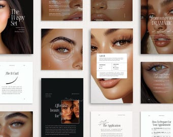 May include: A brochure with images of models with different eyelash extensions. The brochure includes information about the different types of eyelash extensions, including the "Wispy Set", "The B Curl", and "Lah Lift".