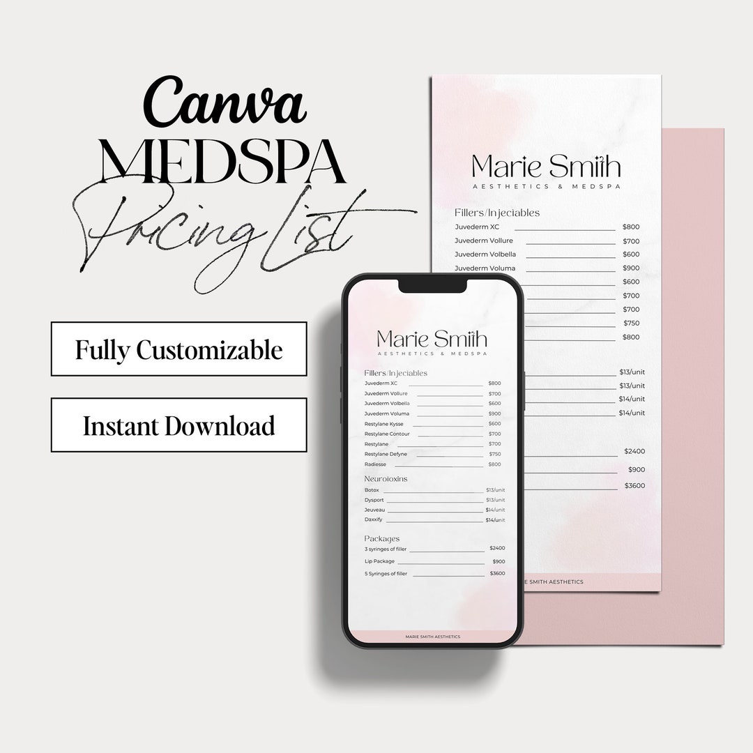 Medspa Price List, Medspa Service Menu Botox and Filler Price List