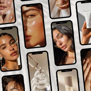 Peut inclure: Un collage d'images sur des &eacute;crans de smartphone montrant divers produits de soin de la peau et des personnes les appliquant sur leur visage. Les produits comprennent un s&eacute;rum transparent, un tube de cr&egrave;me blanc et une bouteille d'huile pour le visage.