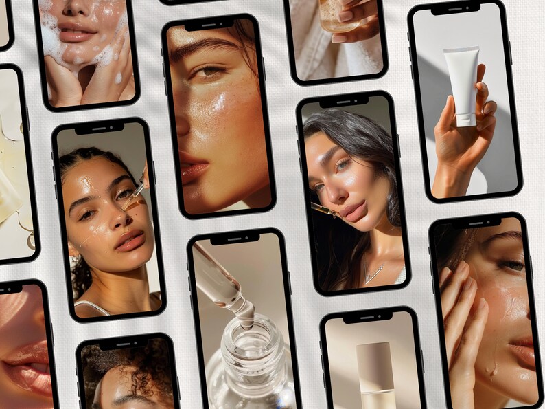 Peut inclure: Un collage d'images sur des &eacute;crans de smartphone montrant divers produits de soin de la peau et des personnes les appliquant sur leur visage. Les produits comprennent un s&eacute;rum transparent, un tube de cr&egrave;me blanc et une bouteille d'huile pour le visage.