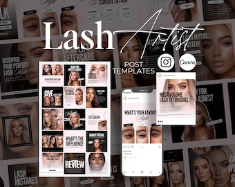 Puede incluir: Imagen promocional para un artista de pestañas con plantillas de publicaciones en redes sociales. El diseño incluye gráficos cuadrados con imágenes de mujeres, estilos de pestañas y texto como "Lash Artist", "Mega Volume Lash Extensions" y "What's Your Favorite Style?"