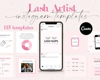 Peut inclure: Modèles Instagram roses et blancs pour les artistes de cils. L'image comprend un smartphone affichant une publication pour "Lash Naps" et d'autres modèles avec du texte comme "How to Increase Your Lash Retention" et "Pricing". Le logo Canva est également visible.