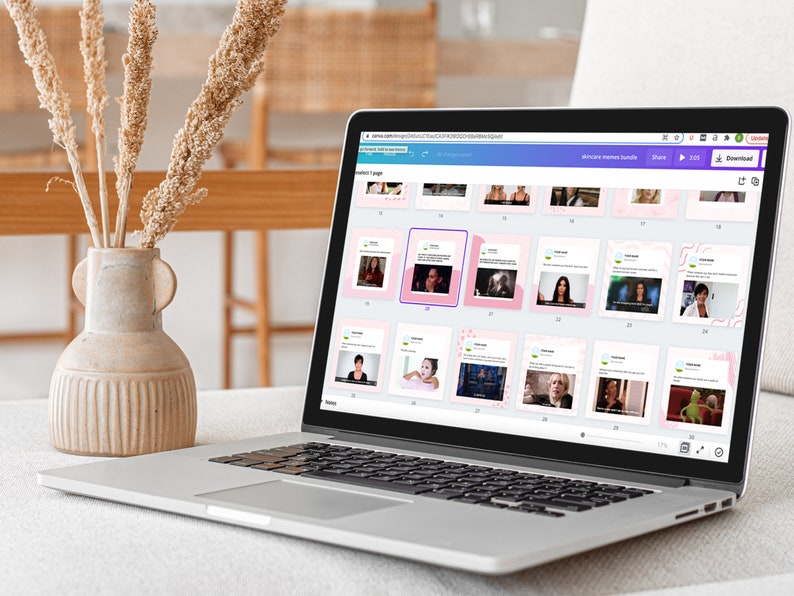 Peut inclure: Un ordinateur portable affichant une page Web avec une grille de clips vid&eacute;o. La page Web est intitul&eacute;e "Instagram Reels" et comporte un bouton de lecture, un bouton de partage et un bouton de t&eacute;l&eacute;chargement. Les clips vid&eacute;o sont de diff&eacute;rentes personnes et sur diff&eacute;rents sujets.