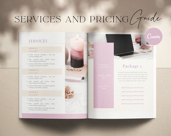 Puede incluir: Una guía de servicios y precios en rosa y blanco para una panadería o un negocio de pasteles. La guía enumera los servicios y los precios de las galletas, los brownies, el pudín, los cupcakes, la jalea, los caramelos y más. La guía también incluye una opción de paquete con detalles para llamadas semanales y planes mensuales.