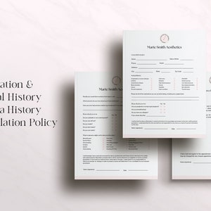 May include: A white medical history form with the title "Marie Smith Aesthetics" at the top. The form includes sections for patient information, medical history, and cancellation policy.