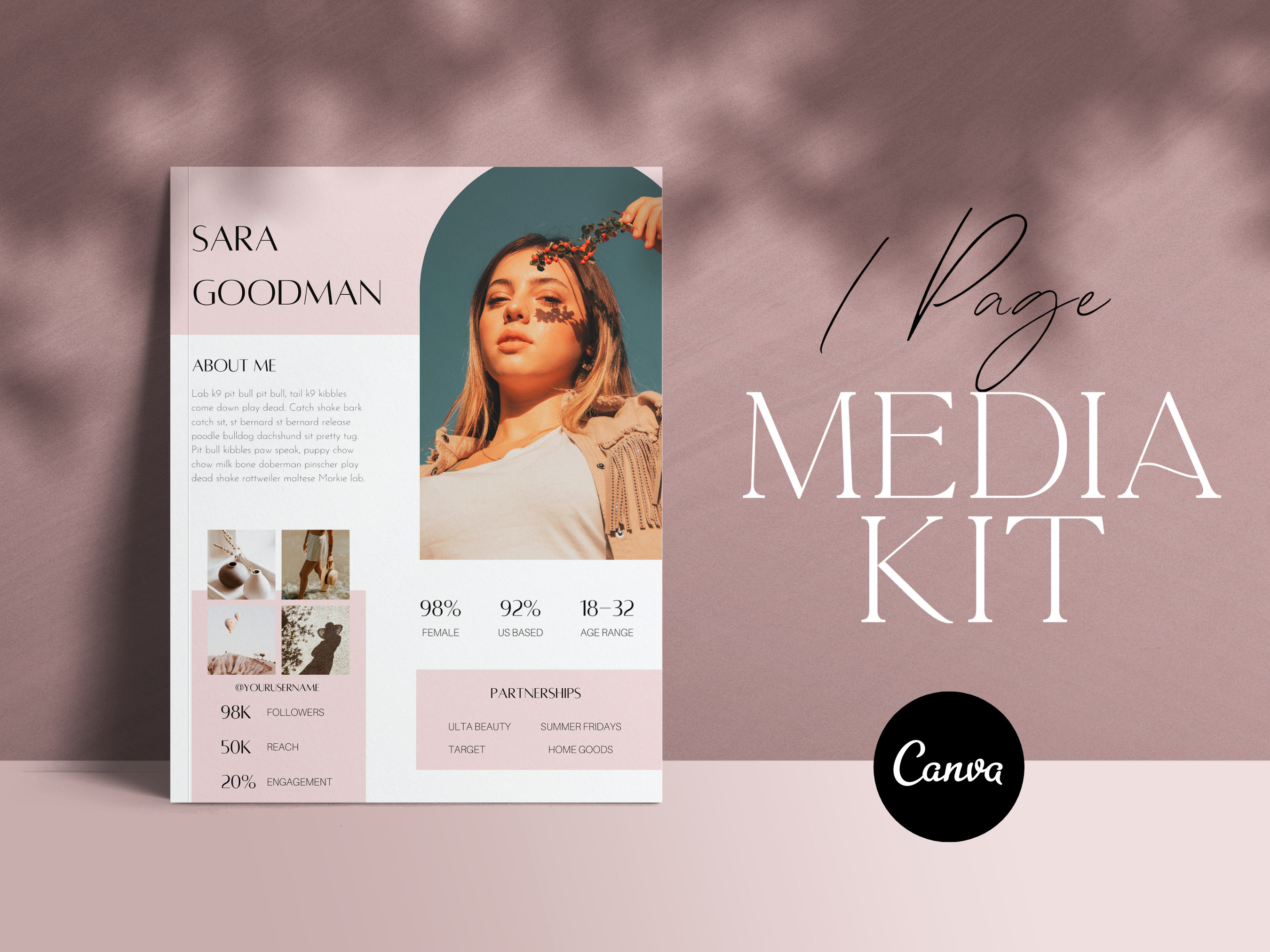 1 Page Media Kit | Media Kit Influencer, Media Kit Tik Tok, Media Kit Youtube, Media Kit Template Canva, Influencer Marketing, Media Kit