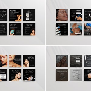 May include: A collage of nine black and white square images with text and images related to hydrafacial treatments. The text includes "Hydrafacial Results", "What Are Free Radicals?", "The Detox Facial", "What Causes Cystic Acne", "Hydrafacial", "Hydrafacial Battery", "Hydrafacial Tips", "Hydrafacial", "Hydrafacial", "What are the components that make up a Hydrafacial", "Reasons to purchase this treatment", "4 Ways to Apply Serum", "Oxygentation", "What are the different types of serums", "Post Procedure Healing", "5 Causes of Wrinkles", "Benefits of Moisturizer", "What to avoid after a facial", "Before and after facial".