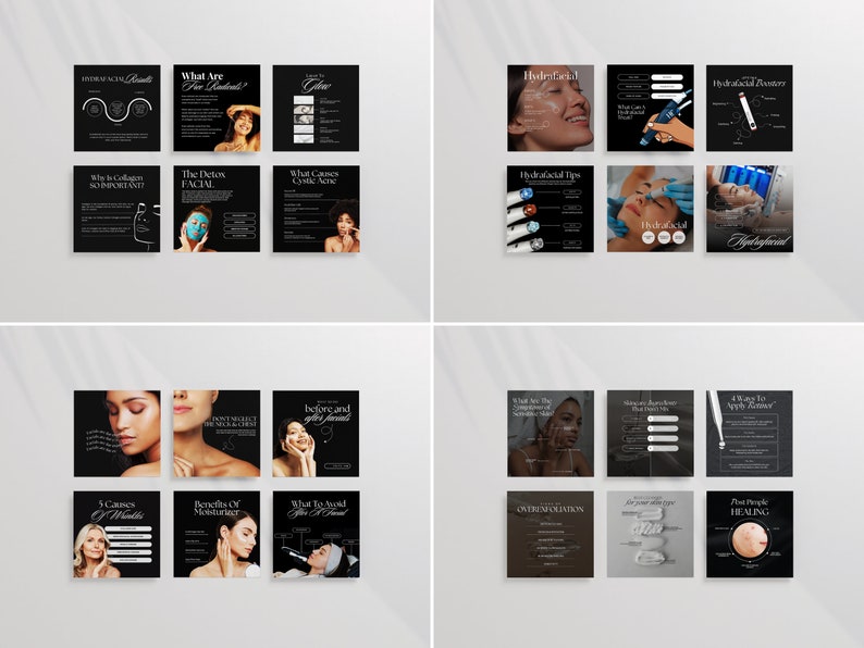 May include: A collage of nine black and white square images with text and images related to hydrafacial treatments. The text includes "Hydrafacial Results", "What Are Free Radicals?", "The Detox Facial", "What Causes Cystic Acne", "Hydrafacial", "Hydrafacial Battery", "Hydrafacial Tips", "Hydrafacial", "Hydrafacial", "What are the components that make up a Hydrafacial", "Reasons to purchase this treatment", "4 Ways to Apply Serum", "Oxygentation", "What are the different types of serums", "Post Procedure Healing", "5 Causes of Wrinkles", "Benefits of Moisturizer", "What to avoid after a facial", "Before and after facial".