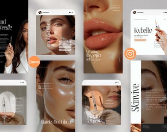May include: A collage of images promoting cosmetic procedures. The images feature close-ups of faces with various treatments highlighted, including fillers, Kybella, and platelet-rich fibrin. The text "Creating the perfect set of lips" is visible in one of the images.
