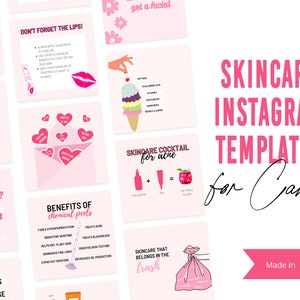 May include: Pink and white Instagram templates for Canva with text that reads "Skincare Instagram Templates for Canva" and "Made in Canva". The templates feature various skincare tips and advice, such as "Don't forget the lips!" and "Skincare that belongs in the trash".