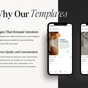May include: Two Instagram post templates with a minimalist design. The first template features a woman in a white swimsuit with the text "Reclaim Your Health". The second template features a hand holding a bottle of liquid with the text "Give 1 reason why people use this".