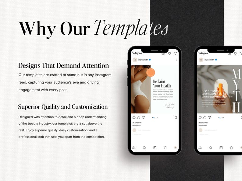 May include: Two Instagram post templates with a minimalist design. The first template features a woman in a white swimsuit with the text "Reclaim Your Health". The second template features a hand holding a bottle of liquid with the text "Give 1 reason why people use this".