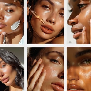 Peut inclure: Gros plan sur six personnes diff&eacute;rentes appliquant des produits de soin de la peau sur leur visage. Les produits comprennent une cr&egrave;me blanche, un s&eacute;rum transparent et une huile transparente. Les personnes sont toutes souriantes et ont l'air heureuses.