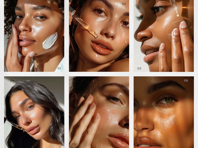 Peut inclure: Gros plan sur six personnes diff&eacute;rentes appliquant des produits de soin de la peau sur leur visage. Les produits comprennent une cr&egrave;me blanche, un s&eacute;rum transparent et une huile transparente. Les personnes sont toutes souriantes et ont l'air heureuses.