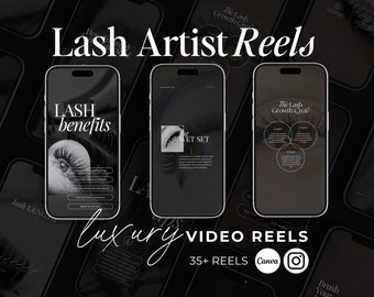 May include: A digital marketing kit for lash artists featuring three phone screen mockups with text overlays. The mockups show different lash-related topics, including the benefits of lash extensions, the wet set technique, and the lash growth cycle. The text "Lash Artist Reels" is displayed in large, bold letters at the top of the image. The text "Luxury Video Reels" is displayed in a cursive font below the mockups. The text "35+ Reels Canva Instagram" is displayed below the text "Luxury Video Reels".