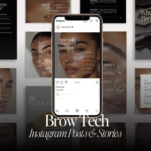 Pode incluir: Uma coleção de posts e histórias do Instagram sobre cuidados com as sobrancelhas e serviços de beleza. As postagens apresentam imagens de sobrancelhas de mulheres e texto sobre tingimento de sobrancelhas, cera e outros serviços. O texto "Brow Tech" é exibido em letras grandes e em negrito na parte inferior da imagem.