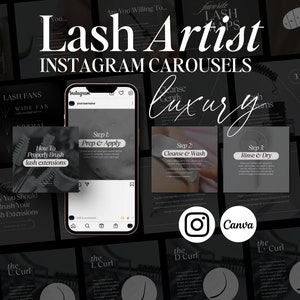 Könnte beinhalten: Eine Collage von Instagram-Karusselbildern für Wimpernstylisten. Die Bilder zeigen Tipps, wie man Wimpernextensions richtig bürstet, reinigt und wäscht sowie spült und trocknet. Die Bilder zeigen auch verschiedene Wimpernkrümmungen, darunter die U-Krümmung, die L-Krümmung und die D-Krümmung.