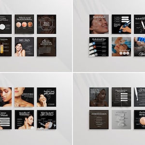 May include: A collection of nine black and white Instagram story graphics about skincare and facials. The graphics feature text, illustrations, and photos of people receiving facials. Some of the text includes "Dry Skin", "Hydrafacial", "Benefits of Moisturizer", "Before and After Facial", and "Post Procedure Healing".