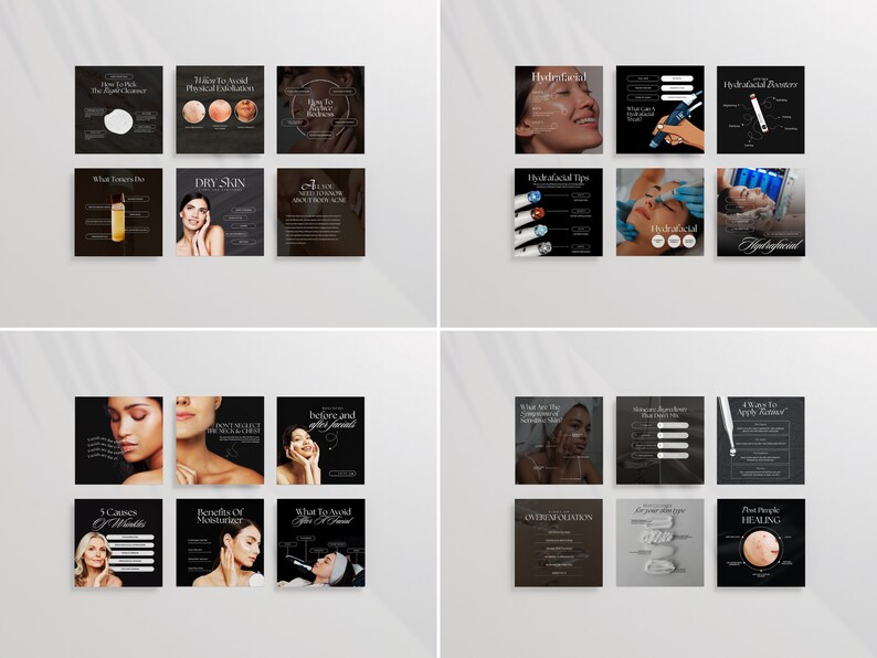 May include: A collection of nine black and white Instagram story graphics about skincare and facials. The graphics feature text, illustrations, and photos of people receiving facials. Some of the text includes "Dry Skin", "Hydrafacial", "Benefits of Moisturizer", "Before and After Facial", and "Post Procedure Healing".