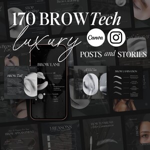 Könnte beinhalten: Eine Collage von Bildern, die Brow-Laminierungsdienste bewerben. Die Bilder zeigen Nahaufnahmen von Augenbrauen, Vorher-Nachher-Fotos und Text über Brow-Laminierung, Augenbrauenpflege und Terminbuchung. Der Text "170 BROW Tech luxury" ist in großen weißen Buchstaben dargestellt.