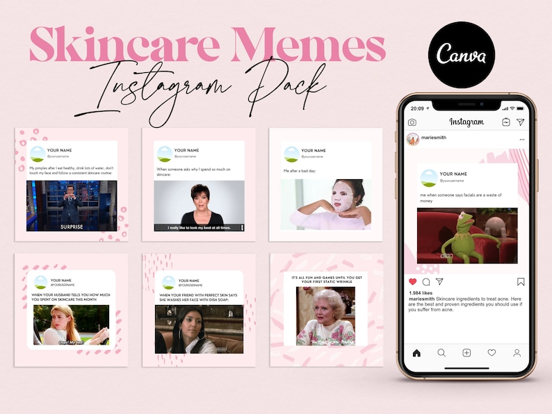 Peut inclure: Un collage de six publications Instagram avec des fonds roses et blancs mettant en sc&egrave;ne des m&egrave;mes amusants sur les soins de la peau. Les publications incluent des textes tels que "Quand quelqu'un demande pourquoi je d&eacute;pense autant en soins de la peau" et "Tout est amusant jusqu'&agrave; ce que vous disiez votre premi&egrave;re ride".