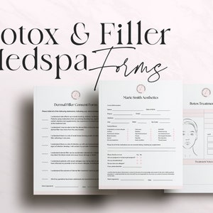 May include: Three printable forms for a med spa, titled "Dermal Filler Consent Form", "Maric Smith Aesthetics", and "Botox Treatment Plan".