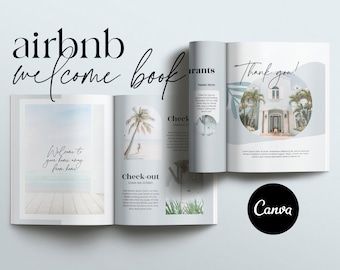 Peut inclure: Un livre ouvert avec un design bleu et blanc. La couverture du livre indique "airbnb welcome book". Les pages intérieures du livre contiennent du texte sur les procédures d'arrivée et de départ. Le livre est posé sur une surface blanche. Le texte sur la page de droite indique "Merci !"
