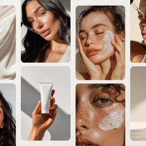 Peut inclure: Un collage d'images mettant en valeur des produits de soin de la peau. Les images pr&eacute;sentent des gros plans de visages avec divers produits de soin de la peau appliqu&eacute;s, ainsi que des flacons et des tubes de produits.