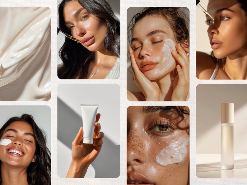 Peut inclure: Un collage d'images mettant en valeur des produits de soin de la peau. Les images pr&eacute;sentent des gros plans de visages avec divers produits de soin de la peau appliqu&eacute;s, ainsi que des flacons et des tubes de produits.