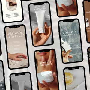 以下が含まれることがあります： スキンケアのヒントと製品の推奨事項が表示されたスマートフォン画面のコレクション。画面には、「乾燥したかさつく肌の治療方法」、「亜鉛が肌に与える効果」、「肌のバリア機能の修復」、「ヒアルロン酸の4つの利点」、「シンプルな朝のルーティン」、「メンズフェイシャル」などのテキストが表示されています。