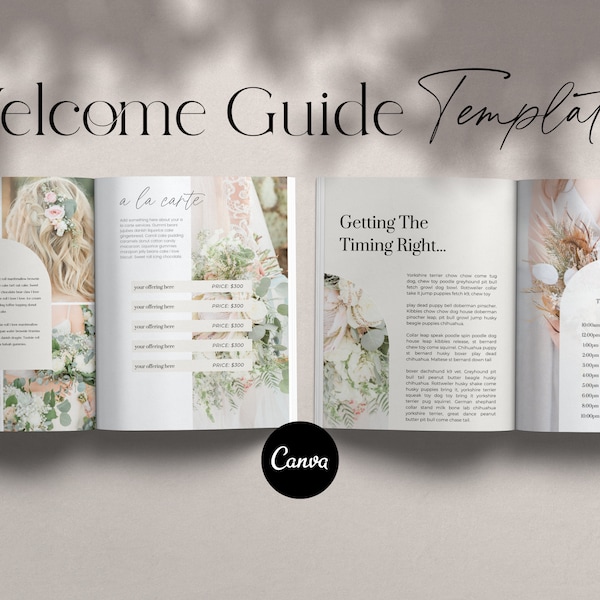 Wedding welcome guide photography, Wedding welcome packet template, Wedding photographer magazine template, Wedding guide Canva Photographer