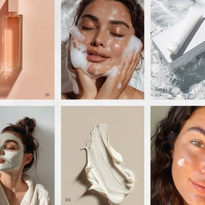 Peut inclure: Un collage de six images pr&eacute;sentant une routine de soins de la peau. Les images montrent un flacon en verre transparent de s&eacute;rum, une personne appliquant un nettoyant moussant, un tube blanc de cr&egrave;me hydratante, une personne portant un masque facial en argile, une noisette de cr&egrave;me blanche et une personne appliquant une cr&egrave;me blanche sur son visage.