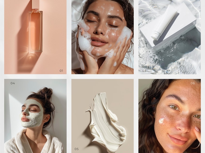 Peut inclure: Un collage de six images pr&eacute;sentant une routine de soins de la peau. Les images montrent un flacon en verre transparent de s&eacute;rum, une personne appliquant un nettoyant moussant, un tube blanc de cr&egrave;me hydratante, une personne portant un masque facial en argile, une noisette de cr&egrave;me blanche et une personne appliquant une cr&egrave;me blanche sur son visage.