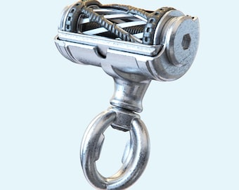 Op de afbeelding: Een zilverkleurige metalen draaibare hijsring met een cilindrisch lichaam en een getextureerde, donkergrijze kooistructuur rondom een centraal schroefmechanisme. Het onderdeel bevat een zeskantige opening aan de zijkant en een draaibare lus.