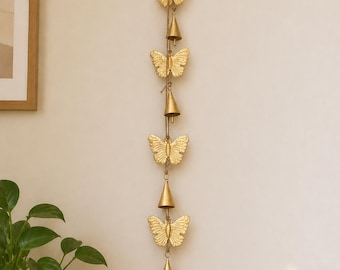 Handcrafted Cowbell Wind Chime with Butterfly Charms - Antique Gold Finish