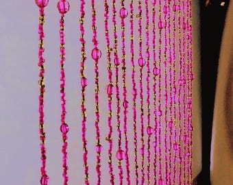 Pink Glass Beaded Curtain: Boho Doorway Beads with Bells 10 Strands.