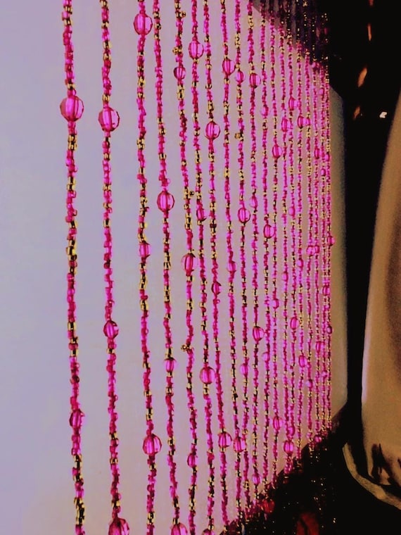 Pink Glass Beaded Curtain: Boho Doorway Beads with Bells 10 Strands.