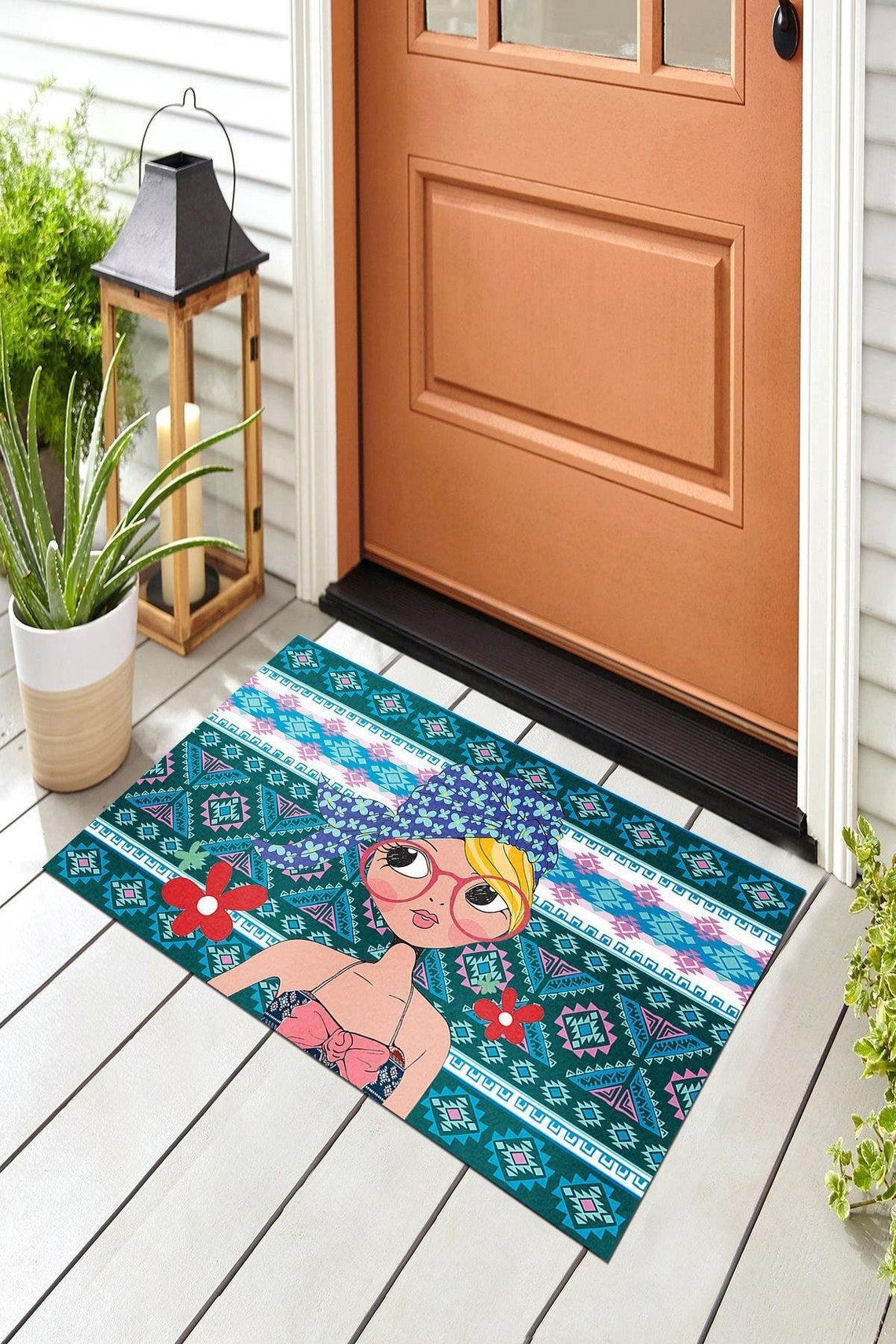 Girl With Glasses Doormat Girl Room Flower Rug Girl Doormat Etsy