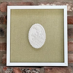 Framed Hand stamped floral art on light green linen