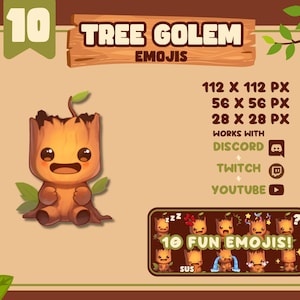 Puede incluir: Gráfico digital con un emoji de golem de árbol de dibujos animados. El emoji es marrón con una cara sonriente y pequeñas hojas verdes. La imagen incluye el texto "TREE GOLEM EMOJIS" y "10 FUN EMOJIS!" y los tamaños.