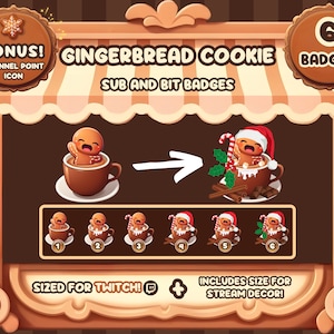Puede incluir: Gráfico con insignias de galletas de jengibre para Twitch. El diseño incluye un hombre de jengibre en una taza, un bastón de caramelo y acebo. El texto dice "Gingerbread Cookie Sub and Bit Badges" y "Sized for Twitch!"