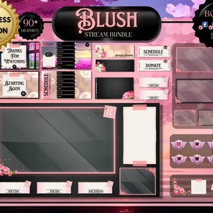 May include: A pink and black stream bundle with 90+ graphics for Twitch or YouTube. The bundle includes a starting soon screen, a schedule, a thank you for watching screen, a donation screen, and more. The graphics feature a pink and white floral design with a blush theme.