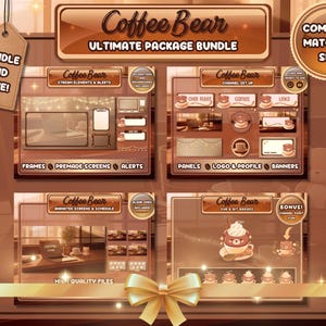Coffee Bear Ultimate Package Bundle / Full Matching Set for your Twitch Stream / Cute and Cuddly Cafe Bear Overlay & Channel for Streaming