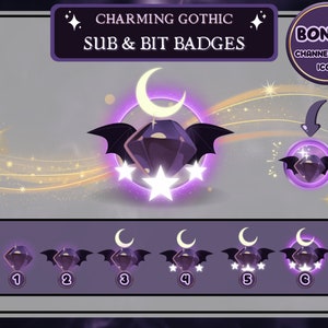 Puede incluir: Un conjunto de seis insignias animadas de canal de Twitch que presentan una gema púrpura con alas de murciélago y una luna creciente. Las insignias están numeradas del 1 al 6. Las insignias forman parte de un tema "Charming Gothic".