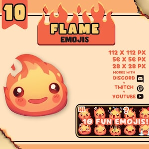 Peut inclure: Un ensemble de 10 emojis de flammes de différentes tailles, dont 112 x 112 pixels, 56 x 56 pixels et 28 x 28 pixels. Les emojis sont dessinés dans un style cartoon avec une expression mignonne et amicale. Le texte "10 FUN EMOJIS!" est affiché sous les emojis.