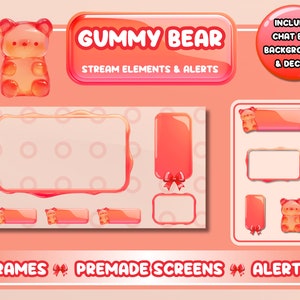 May include: Gummy Bear themed Twitch stream overlays with frames, premade screens, and alerts. The overlays feature a pink and red color scheme with a gummy bear design.