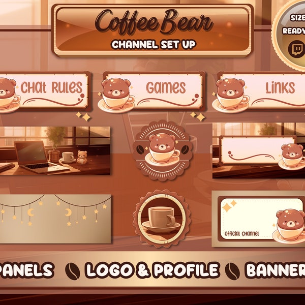 Coffee Bear Stream Set / Adorable Twitch Panels, Banners and Logos for Channel / Blank One Included for Easy Customization / Cute Branding